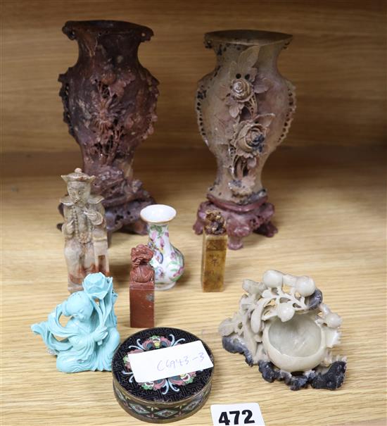 A group of Chinese soapstone carvings and seals, tallest 20cm